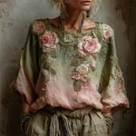 Vintage Pink Roses Forest Gradient Linen Tunic - Image 2