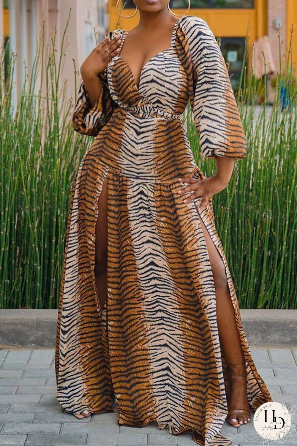 Leopard Print Sexy Print Split Joint Slit V Neck Dresses