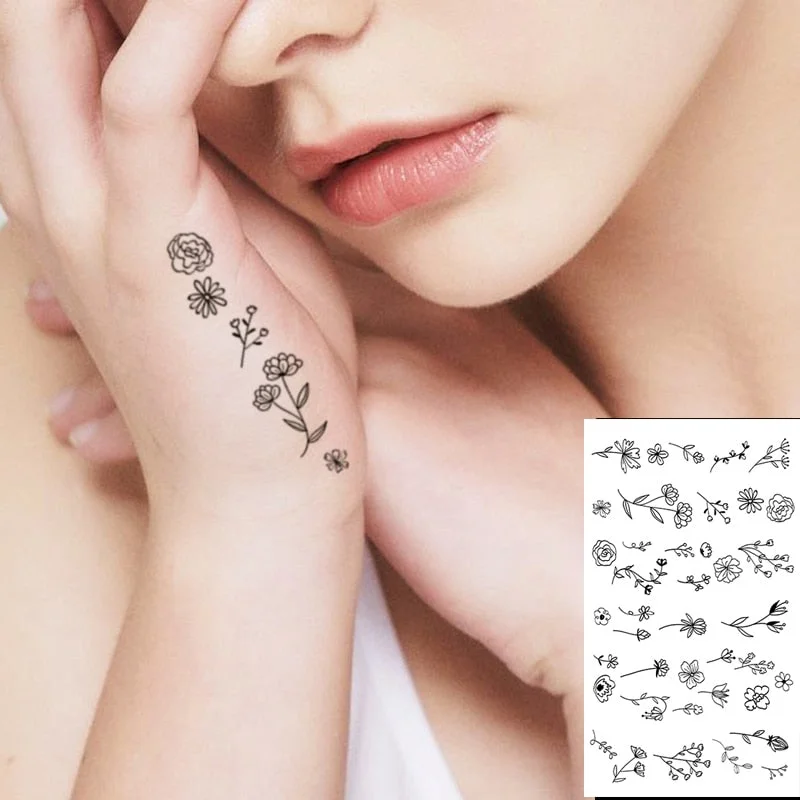 Sketch Rose Flowers Waterproof Temporary Tattoo Sticker Hand Lines Design Fake Tattoos Flash Tatoos Arm Chest Body Art for Women