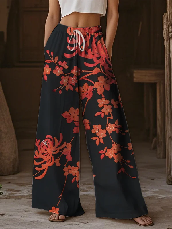 Women's Red Spider Lily Print Casual Pants