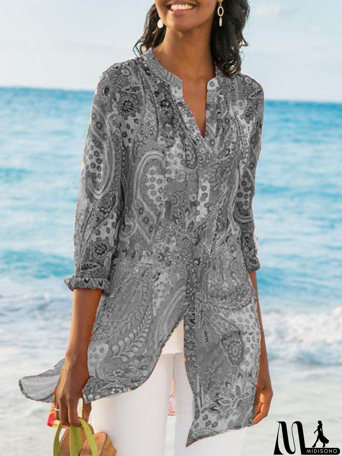 MidiSono - Women's Printed Casual Loose Plus Size Chiffon Shirts