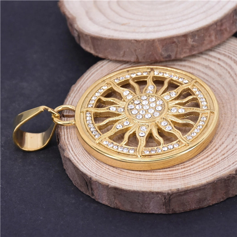 Jewelry Hip-Hop Retro Round Titanium Steel Rhinestones Inlay Pendant Necklace