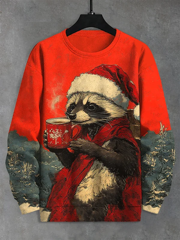 Men's Christmas Raccoon Drinking Tea Print Casual Sweatshirt