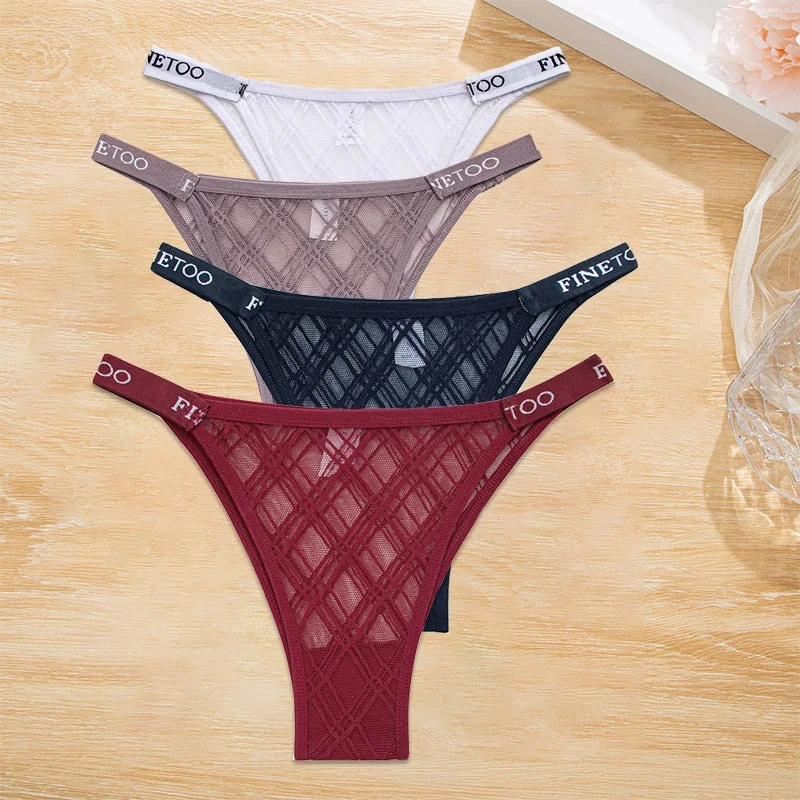 FINETOO 4PCS/Set Women's Lace Lingerie Panties Mesh Gstring Female Underpant Sexy Letter Panties Thong Girls Underwear Intimates