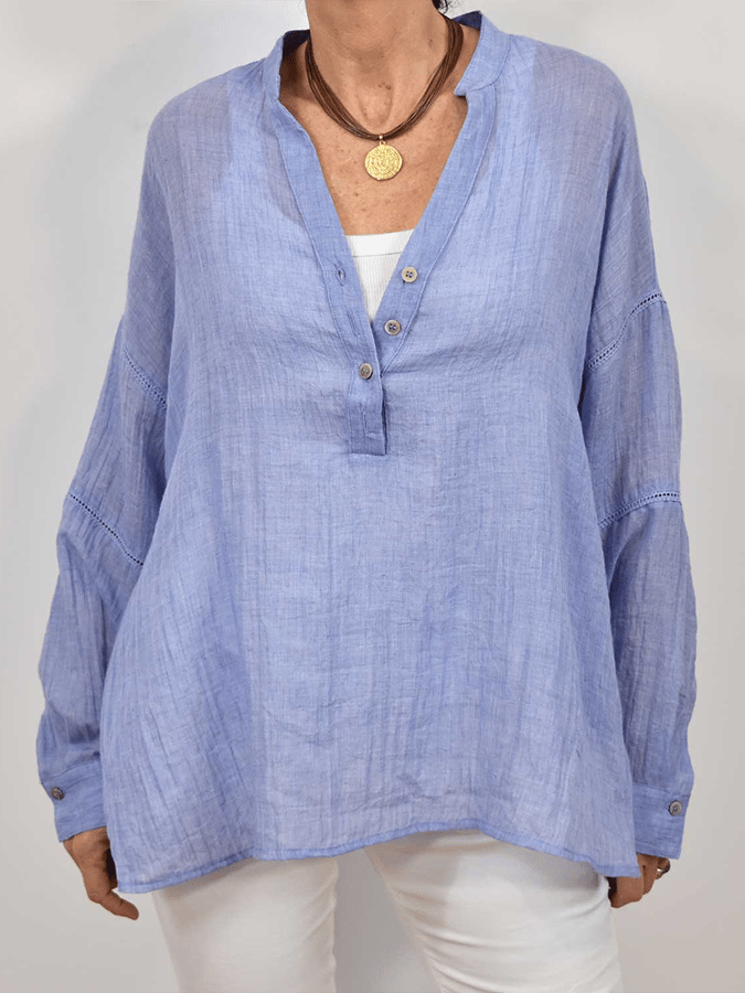 Women's Solid Color V-Neck Lace Splicing Design Casual Cotton And Linen Shirt