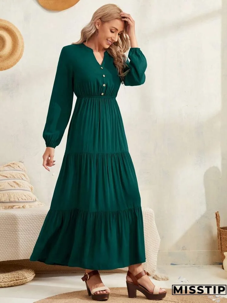 Lantern Sleeve Button Front Layered Ruffle Hem Dress