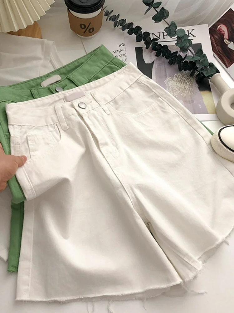 FTLZZ New Summer Green Denim Shorts Women Fashion High Waist Wide Leg Shorts Lady Casual Straight Solid Color Jeans Shorts