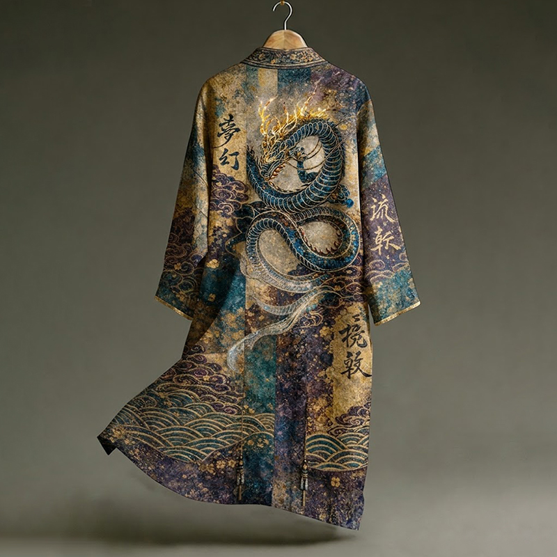 Men's Vintage Japanese Calligraphy Dragon Art Pattern Linen Blend Long Kimono  artssus