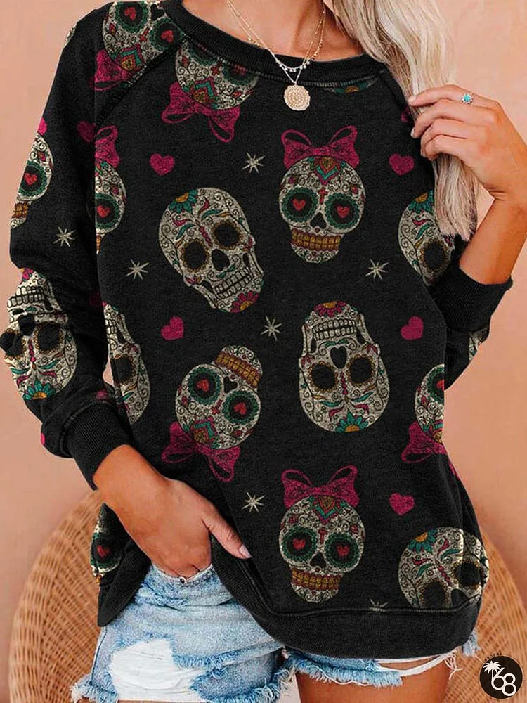 Simple and loose Halloween gift sweater with skull print | 168DEAL