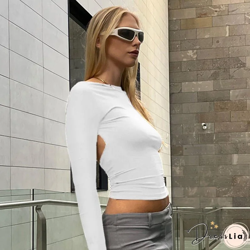 Sexy Backless Long Sleeve Crop Top Women Black Autumn Skinny Cut Out Basic T Shirts Fashion Streetwear Tees
