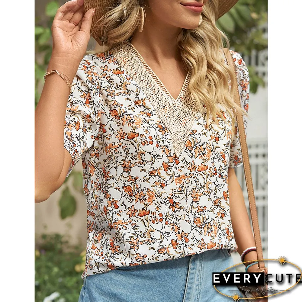 Orange V Neck Floral Chiffon Short Sleeve Tees