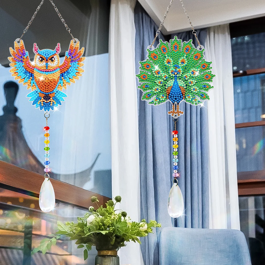 2Pcs Owl Peacock DIY Double-Sided Diamond Painting Hanging Kits Diamond Painting Suncatcher Craft Kit for Home Garden Wall Decor Gift