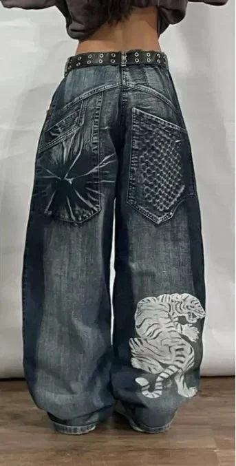 Aonga American New Street Hip-Hop Loose Jeans Y2K Vintage Harajuku Cowboy Pants Men's Women's Gothic Punk High Waist Wide Leg Pants aonga