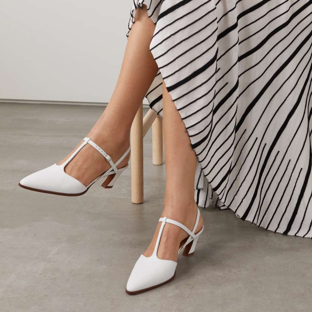 White Vegan Leather Closed Toe Chunky Heel T-Strap Pumps Nicepairs