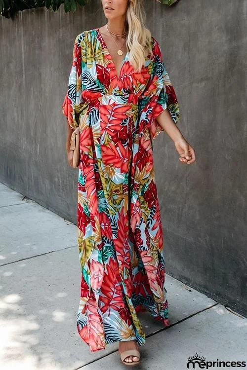 Floral Print V Neck Maxi Dress