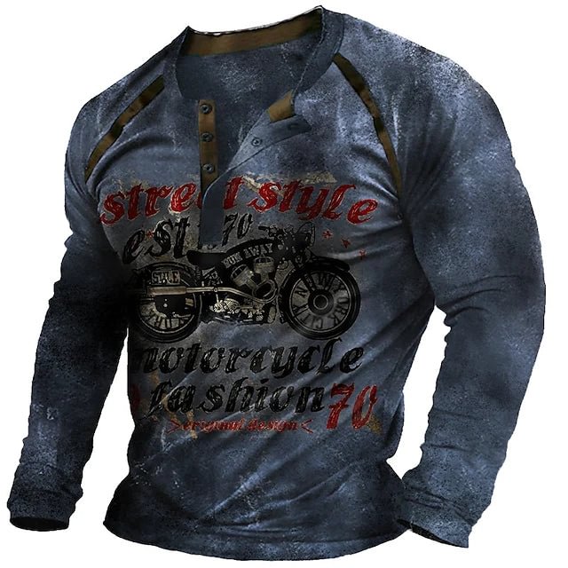 Men's Motorcycle Henry Street Casual Button Print Long Sleeve Top