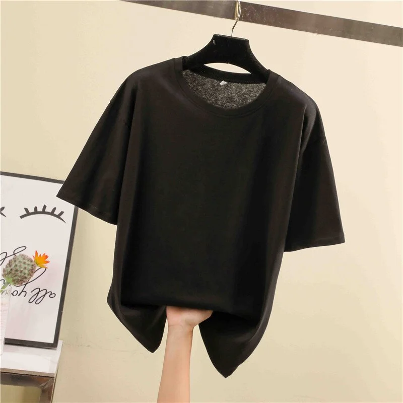 harajuku Tee Shirt Summer short sleeve loose Solid color Basic T Shirt Women Casual O-neck 90s Tops Korean black White T-shirts