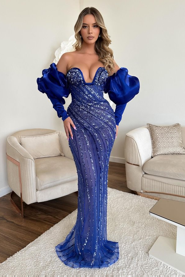 Daisda Royal Blue Sweetheart Bubble Long Sleeves Strapless Mermaid Sequins Prom Dress Gown