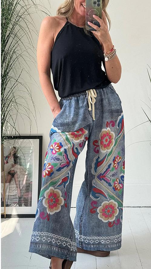 Parigaminghub Printed Wide-leg Trousers – Imitation Denim Elastic Waist Pants with Pockets  