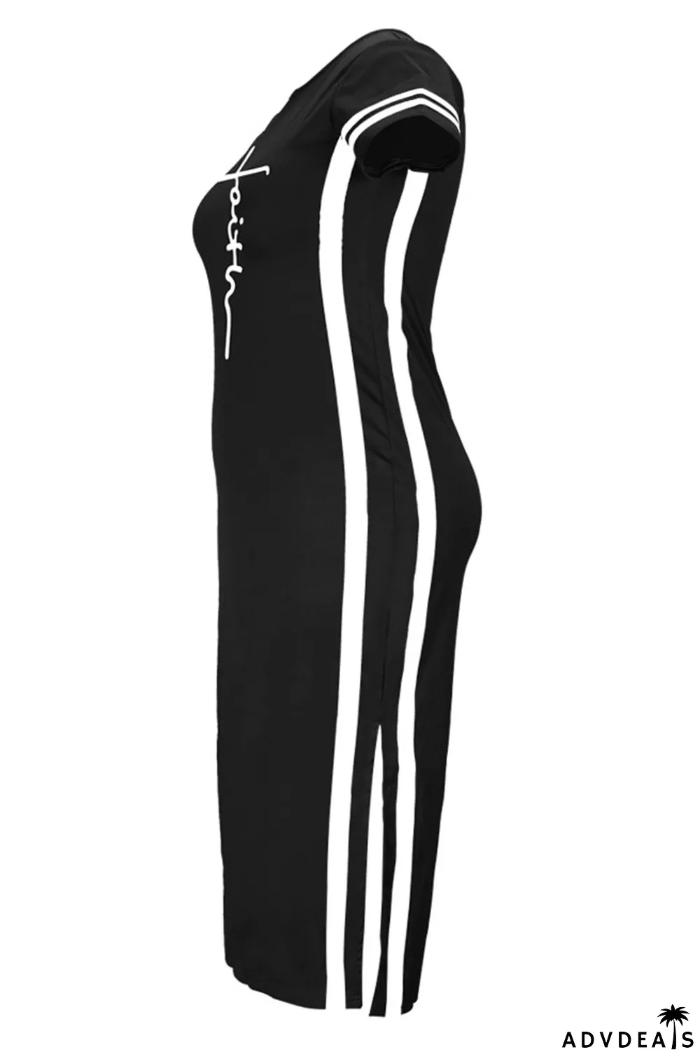 Tibetan Blue Fashion Casual Plus Size Print Slit O Neck Short Sleeve Dress