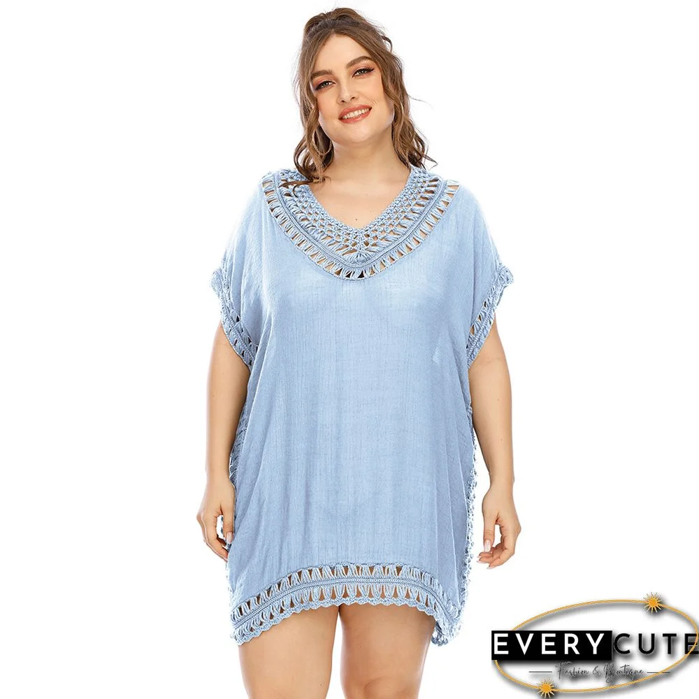 Light Blue V Neck Spliced Beach Cover Up