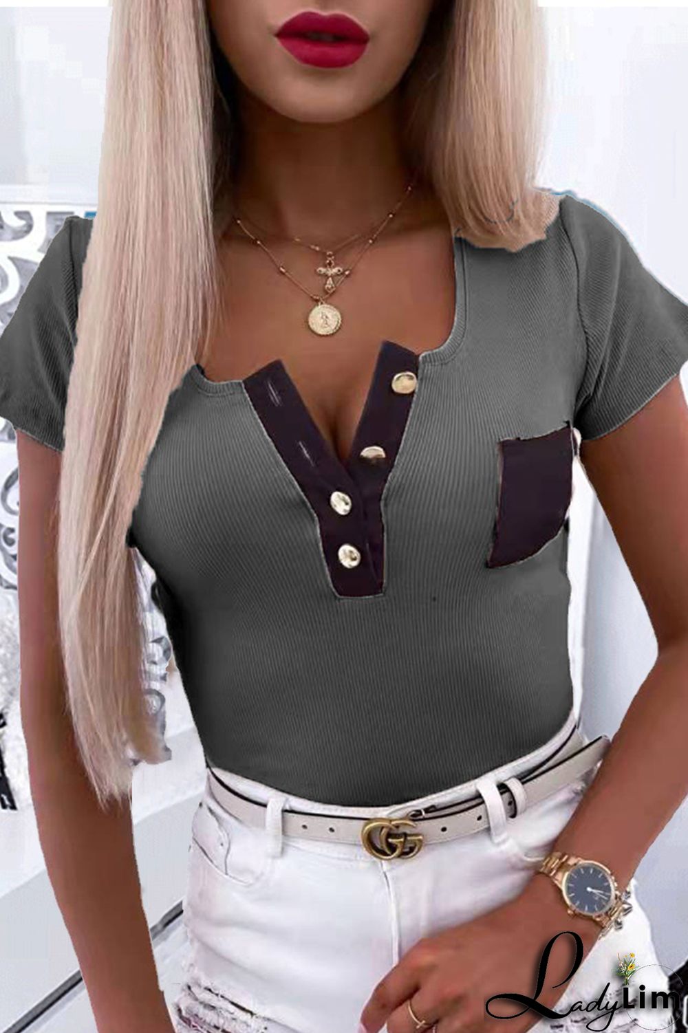 Pink Fashion Casual Solid Patchwork V Neck T-Shirts