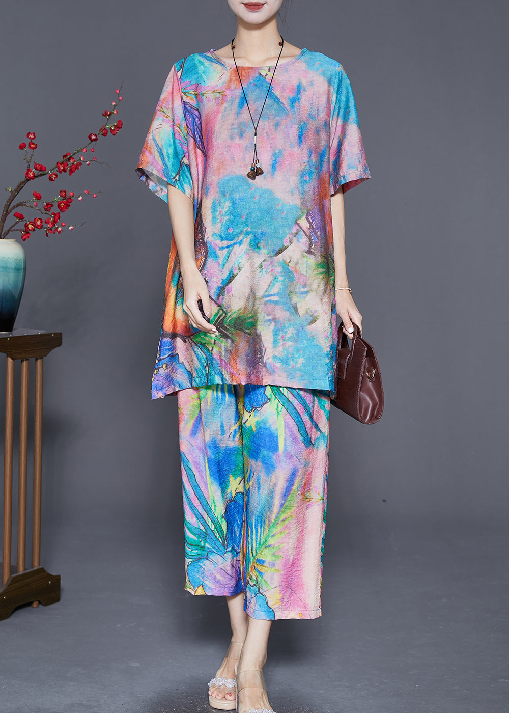 VCSHOES Blue Butterfly Tie Dye Linen Silk Two Piece Set Outfits Summer