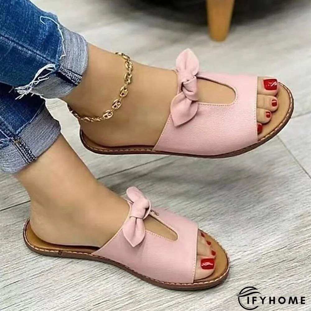 Women's Sandals Daily Beach Summer Bowknot Flat Heel Open Toe Casual Sweet Faux Leather Loafer Solid Colored Black Rosy Pink Gold | IFYHOME