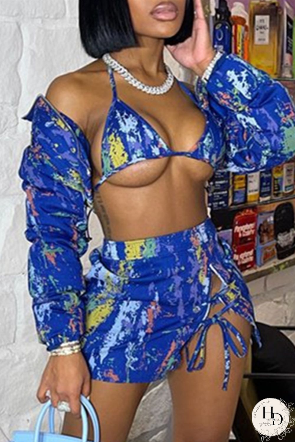 Purple Fashion Sexy Print Strap Design Long Sleeve Three-piece Set