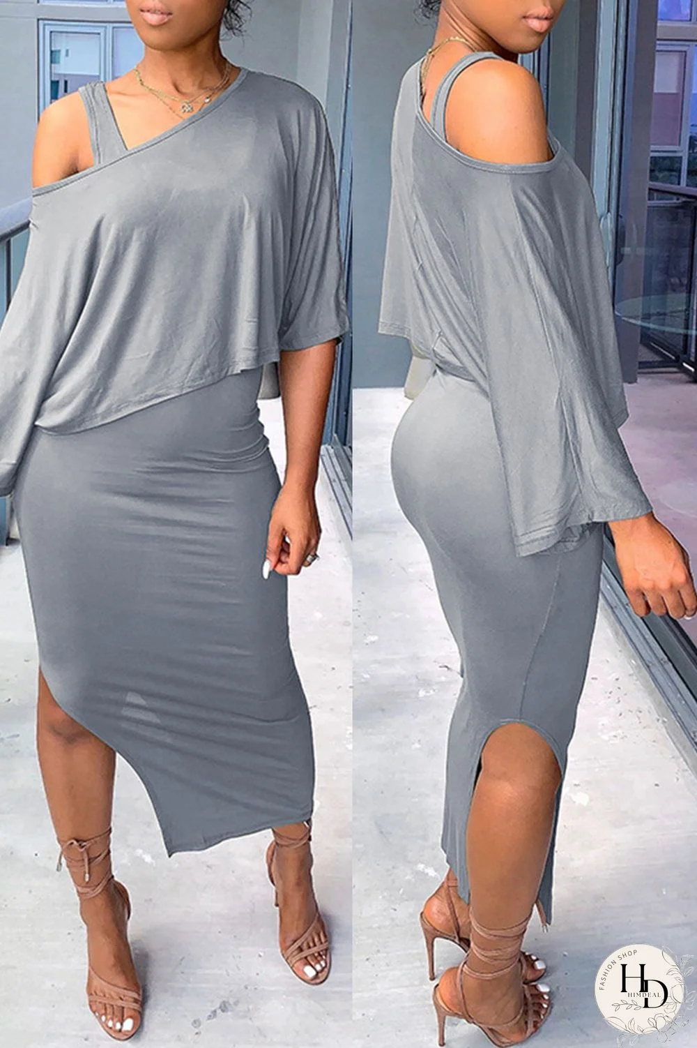 Black Fashion Casual Solid Slit O Neck Half Sleeve Two Pieces