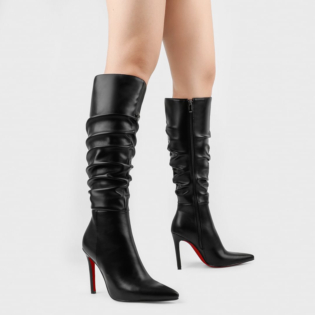 3.94" Women's Knee Boots Thin Heels Zipper Thigh High Fashion Sexy Slouch Red Bottom Boot-MERUMOTE