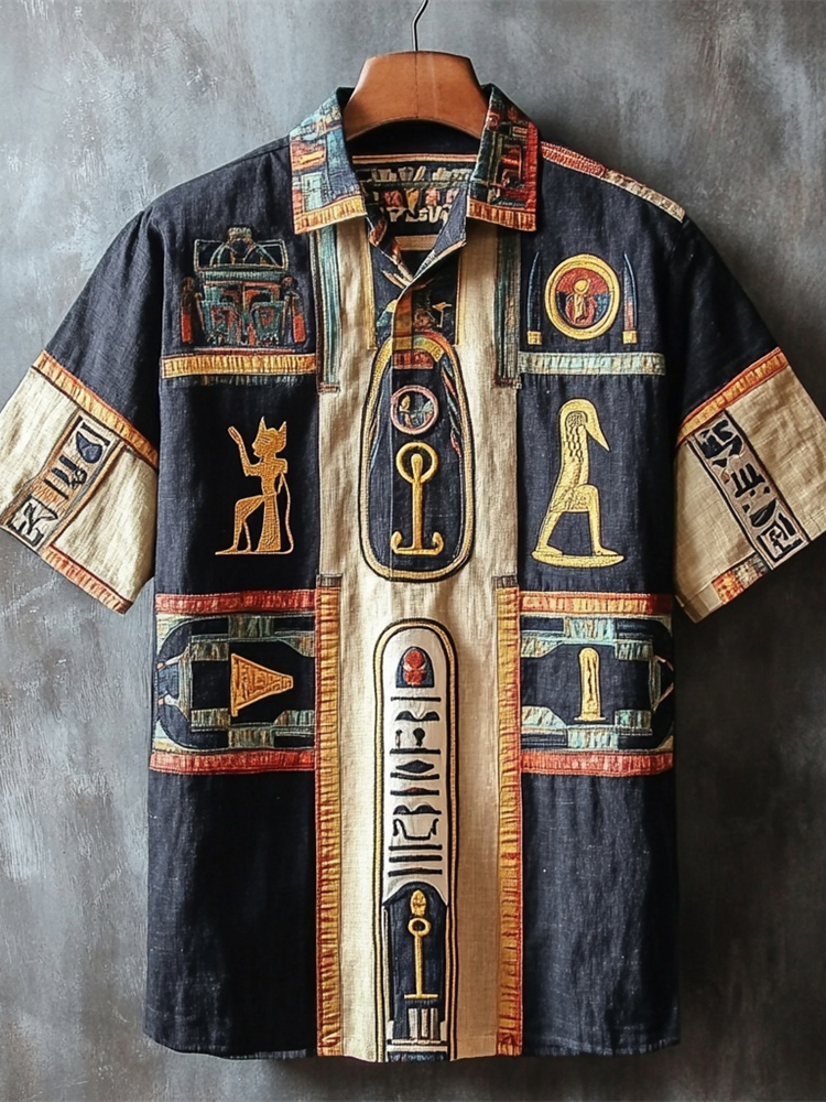 Vintage Egyptian Elements Patchwork Men's Linen Short Sleeve Shirt