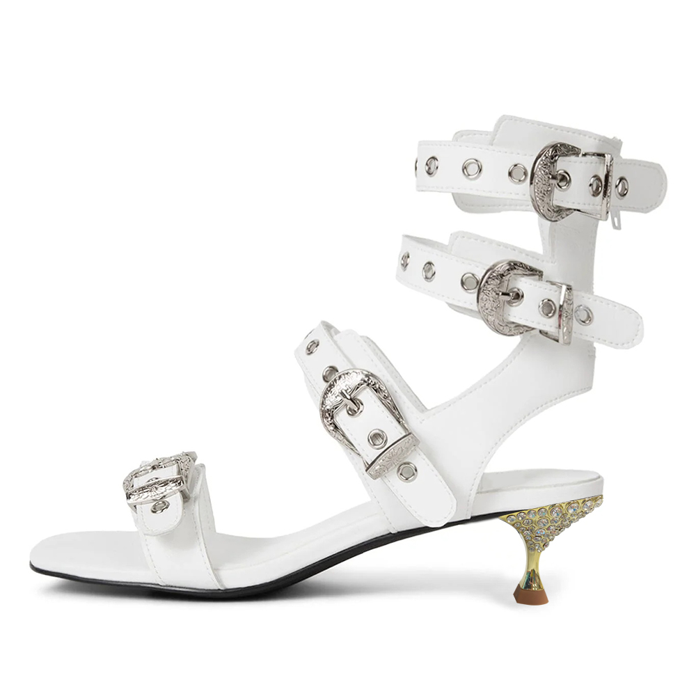 White Vegan Leather Square Toe Decorative Heel Strappy Sandals Nicepairs