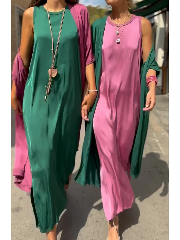 Women's Satin Midriff Cardigan and Sleeveless Dress Two-piece Set