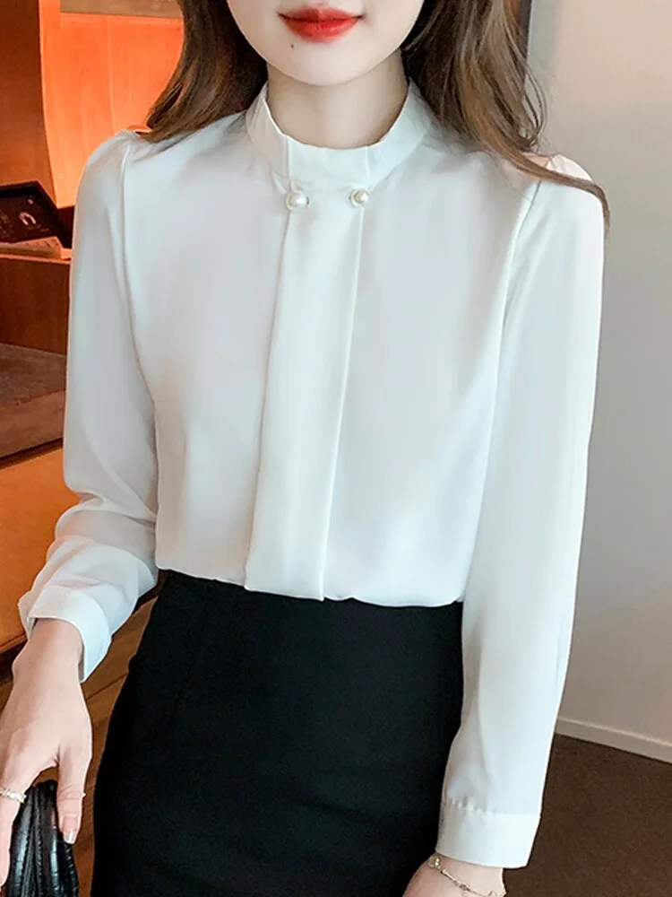 Long Sleeve White Chiffon Blouse Shirt Women's Tops Stand Collar Blouse Women Blusas Women Blusas Mujer De Moda 2023 Blouses Shirts Blusa G75