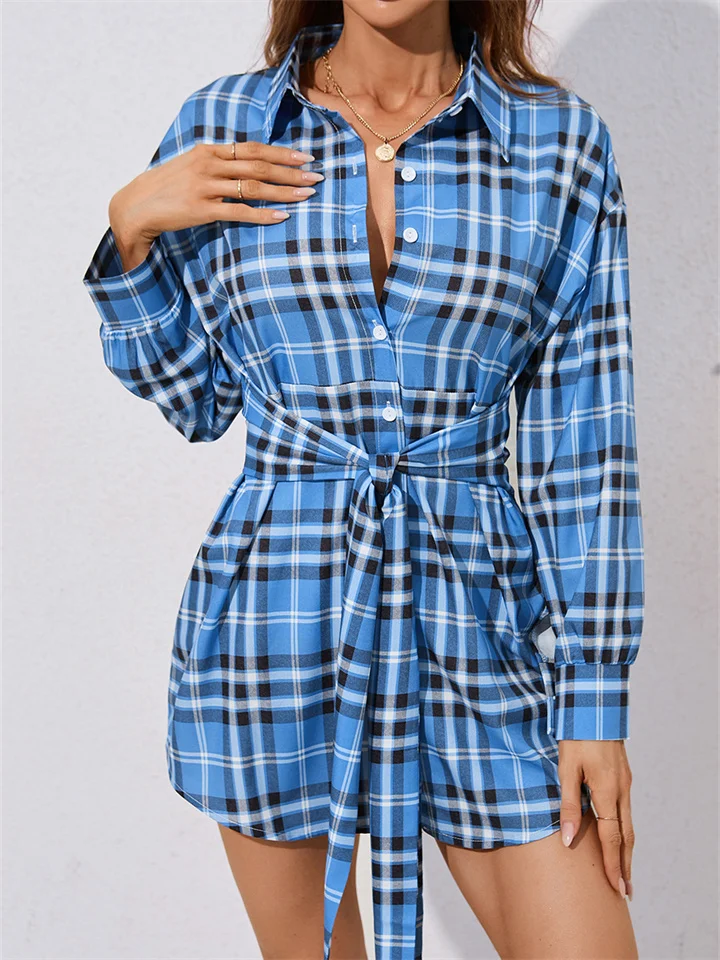 Fashion Personality Women's Spring and Summer Plaid Shirt Collar Regular Sleeves Single-breasted Long-sleeved One-step Dress Dress Kmmey