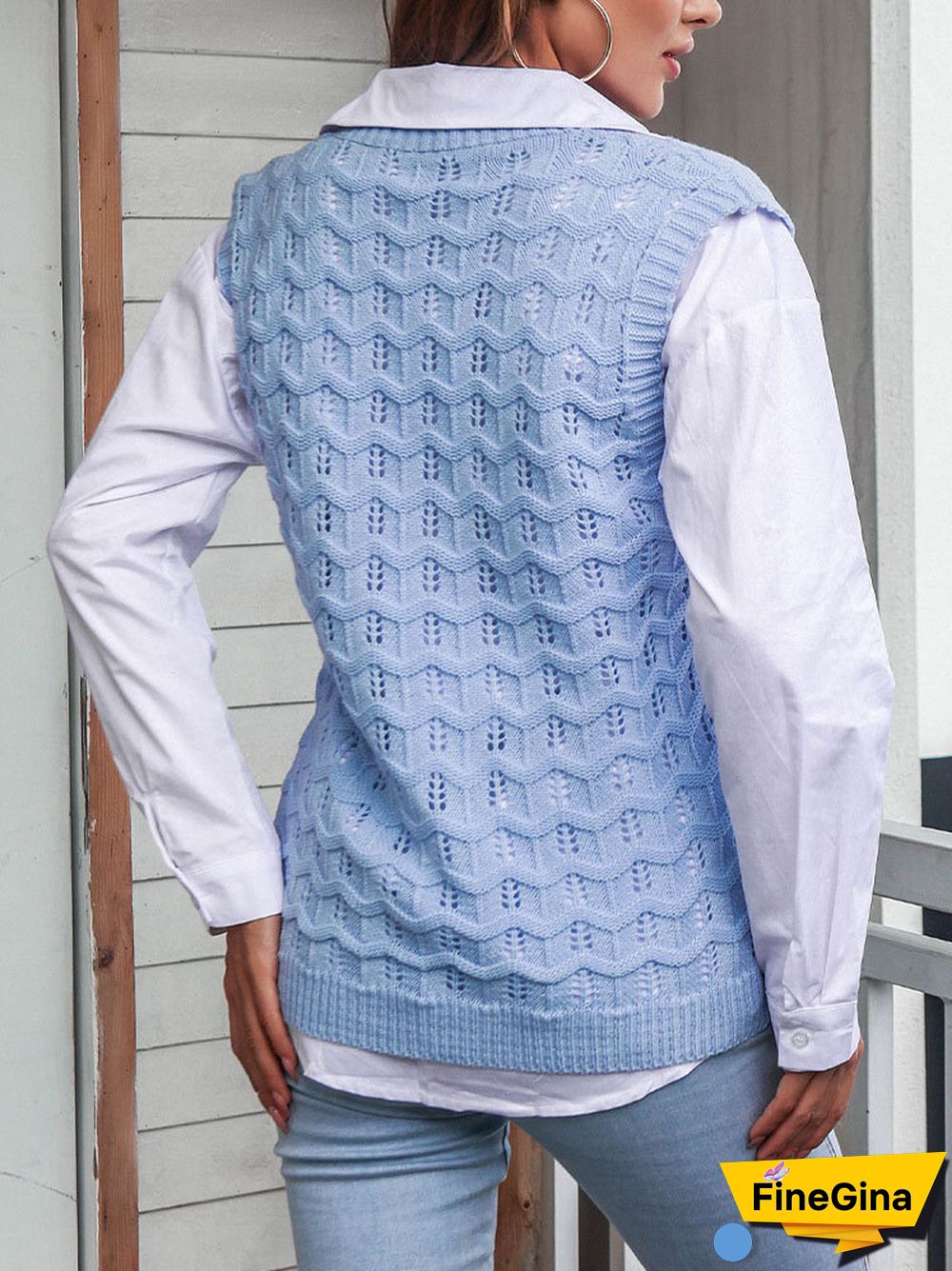 Solid Sleeveless Knitted Crochet Pullover V-neck Sweater