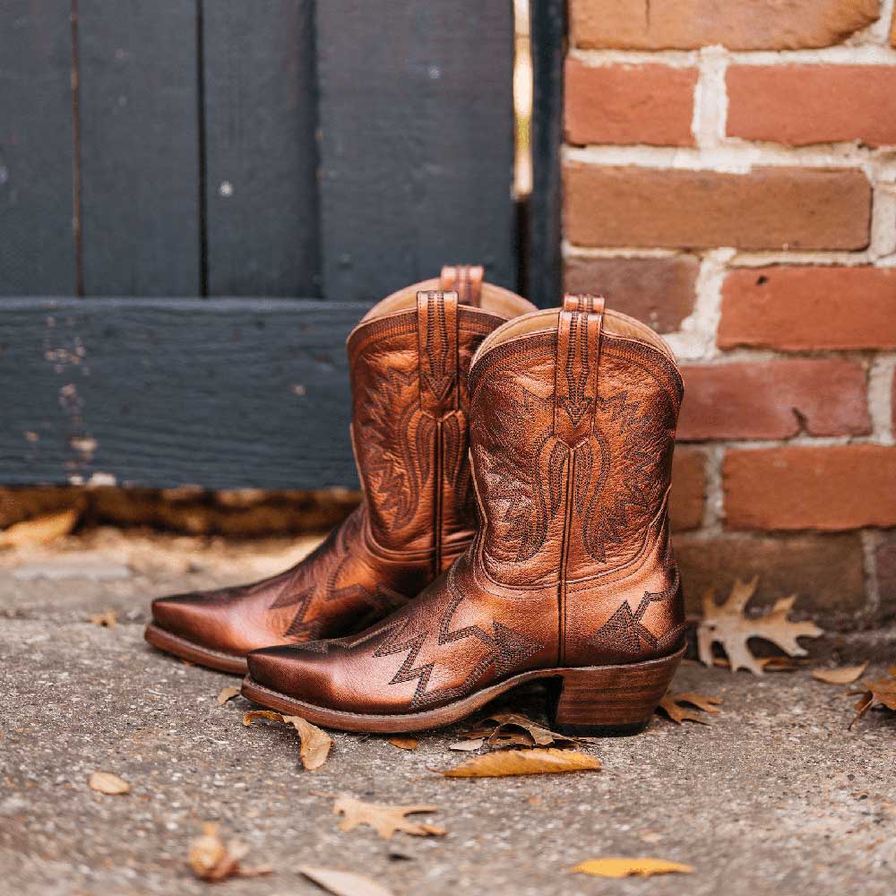 Brown Metallic Snip Toe Chunky Heel Embroidered Cowgirl Booties Nicepairs