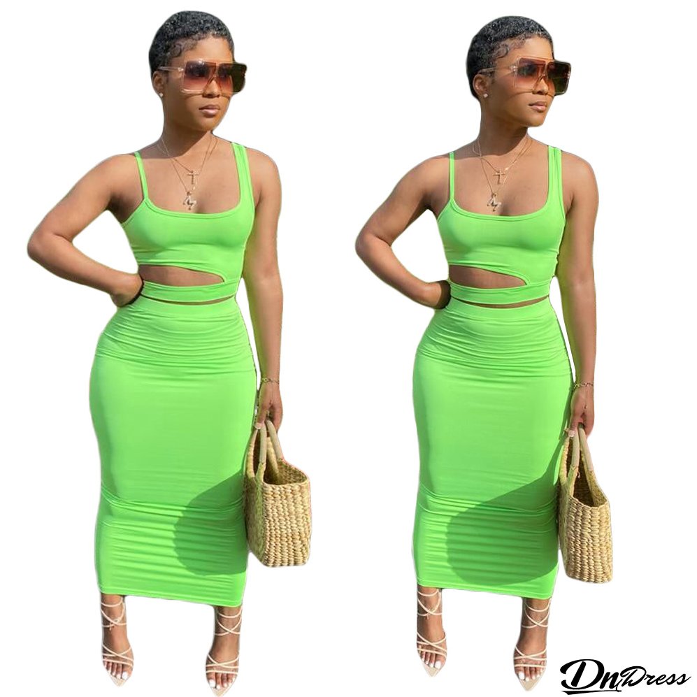 Women's Solid Color Cutout Casual Home Style Skirt Set Two Piece