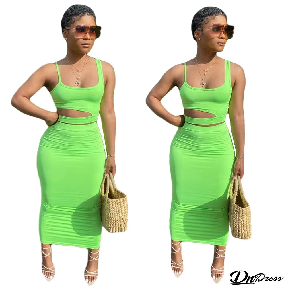 Women's Solid Color Cutout Casual Home Style Skirt Set Two Piece