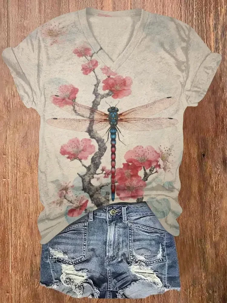 Simpfit Retro Pflaumenblüten Libelle Japanischer Kunstdruck V-Ausschnitt Kurzarm T-Shirt