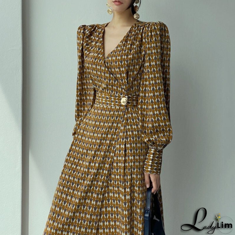 Chic Dress with One-Button Waist Closure and Cross V-Neck