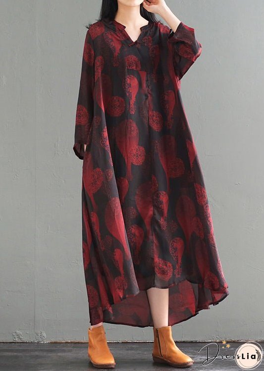 Women Oversized Chinese Button Print Silk Long Dress Fall