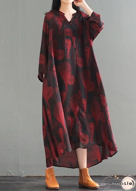 Women Oversized Chinese Button Print Silk Long Dress Fall