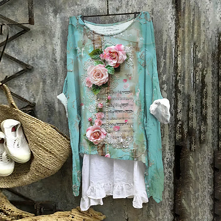 Women's Floral Sheet Music Embroidery Art Linen Blend Vintage Shirt