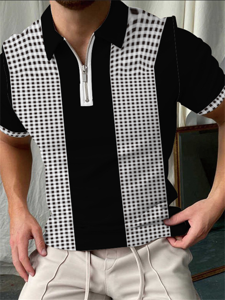 Black Plaid Pattern Polo Shirt Men's Casual Large Size Short-sleeved Tops
