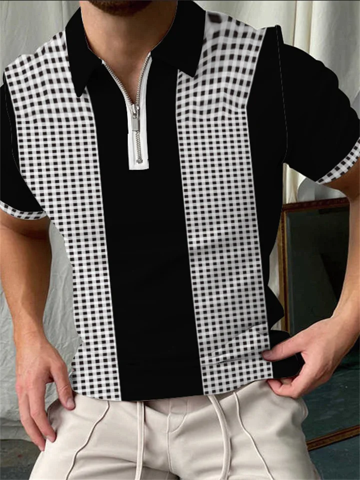 Black Plaid Pattern Polo Shirt Men's Casual Large Size Short-sleeved Tops