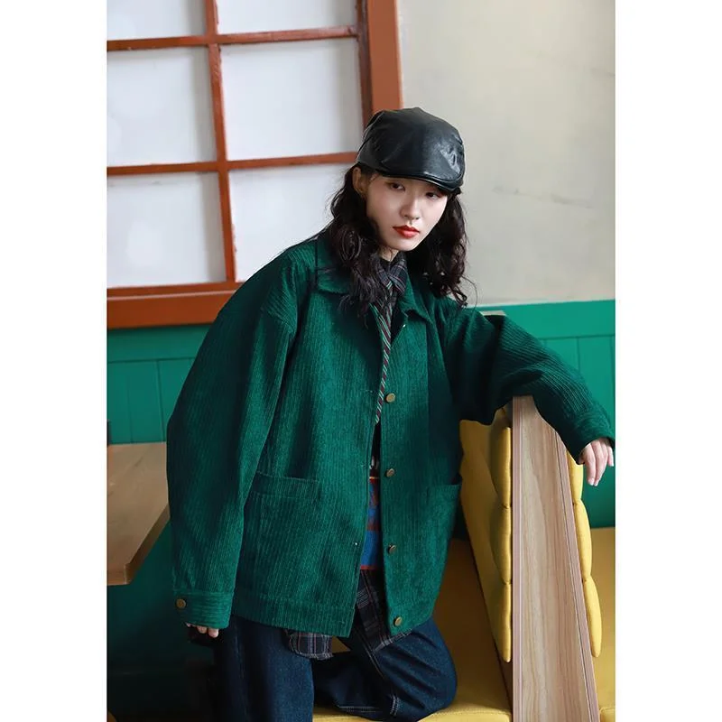 Basic Jackets Women Solid Green Corduroy Turn-down Collar Vintage Korean Style Elegant Bright Trendy Loose Slim Casual Ladies