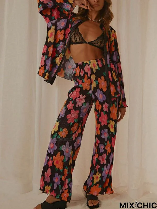 Long Sleeves Loose Buttoned Flower Print Pleated Lapel Shirts Top + Elasticity Pants Bottom Two Pieces Set