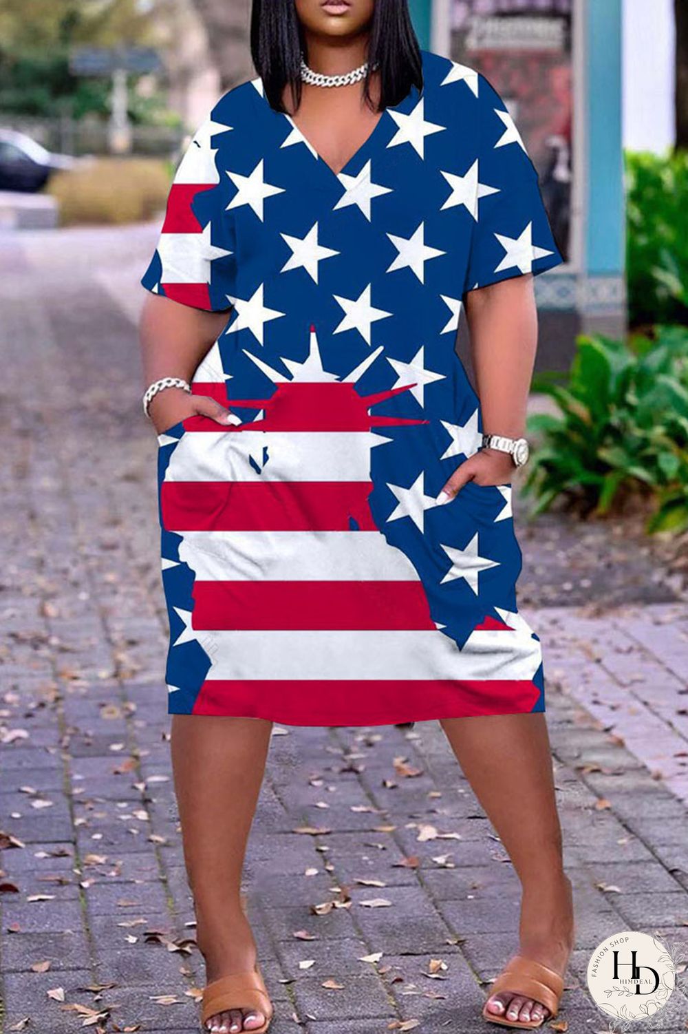 White Blue Red Casual Print Patchwork V Neck Dresses